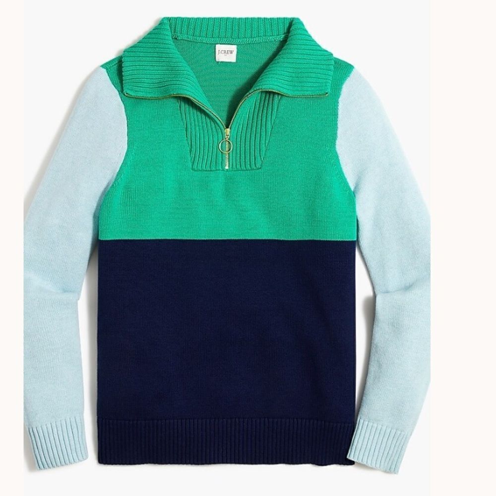 J. Crew Wide-collar zip Colorblock Sweater in Green and Navy